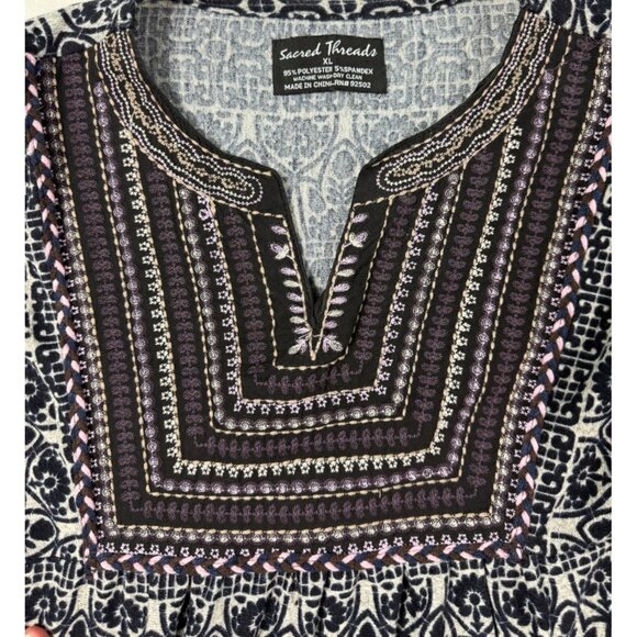 XL Sacred Threads Embroidered Boho Festival Blue Gray Plush Paisley Dress - Picture 4 of 11